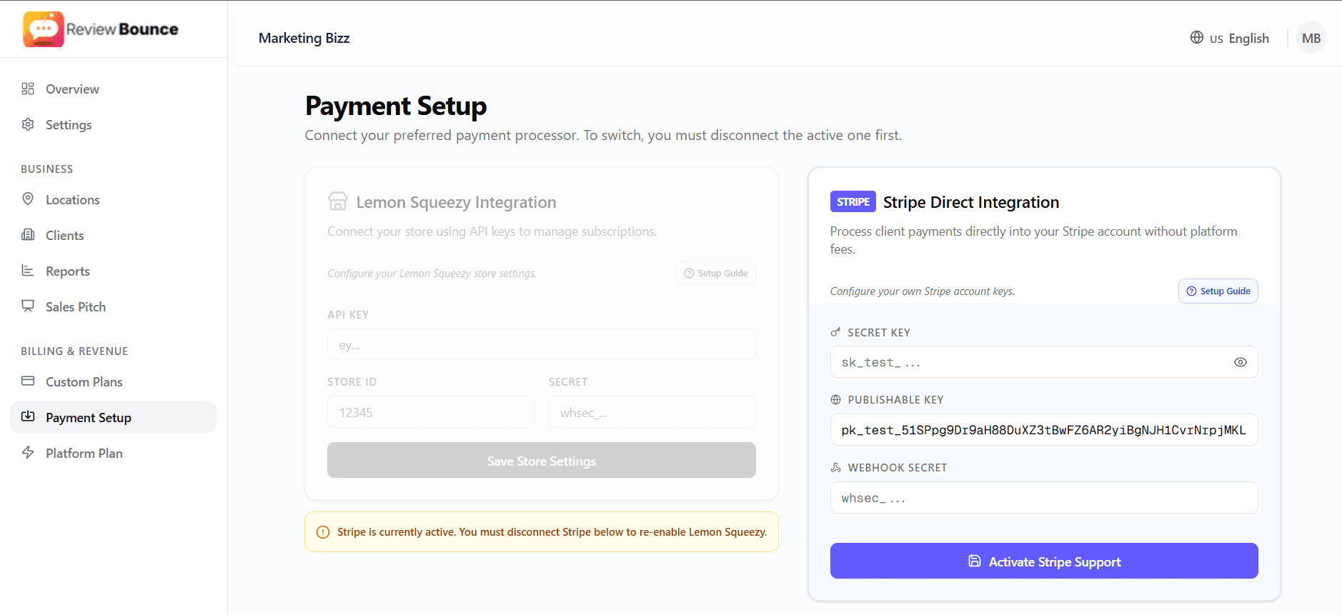 White-label payment configuration showing Stripe integration